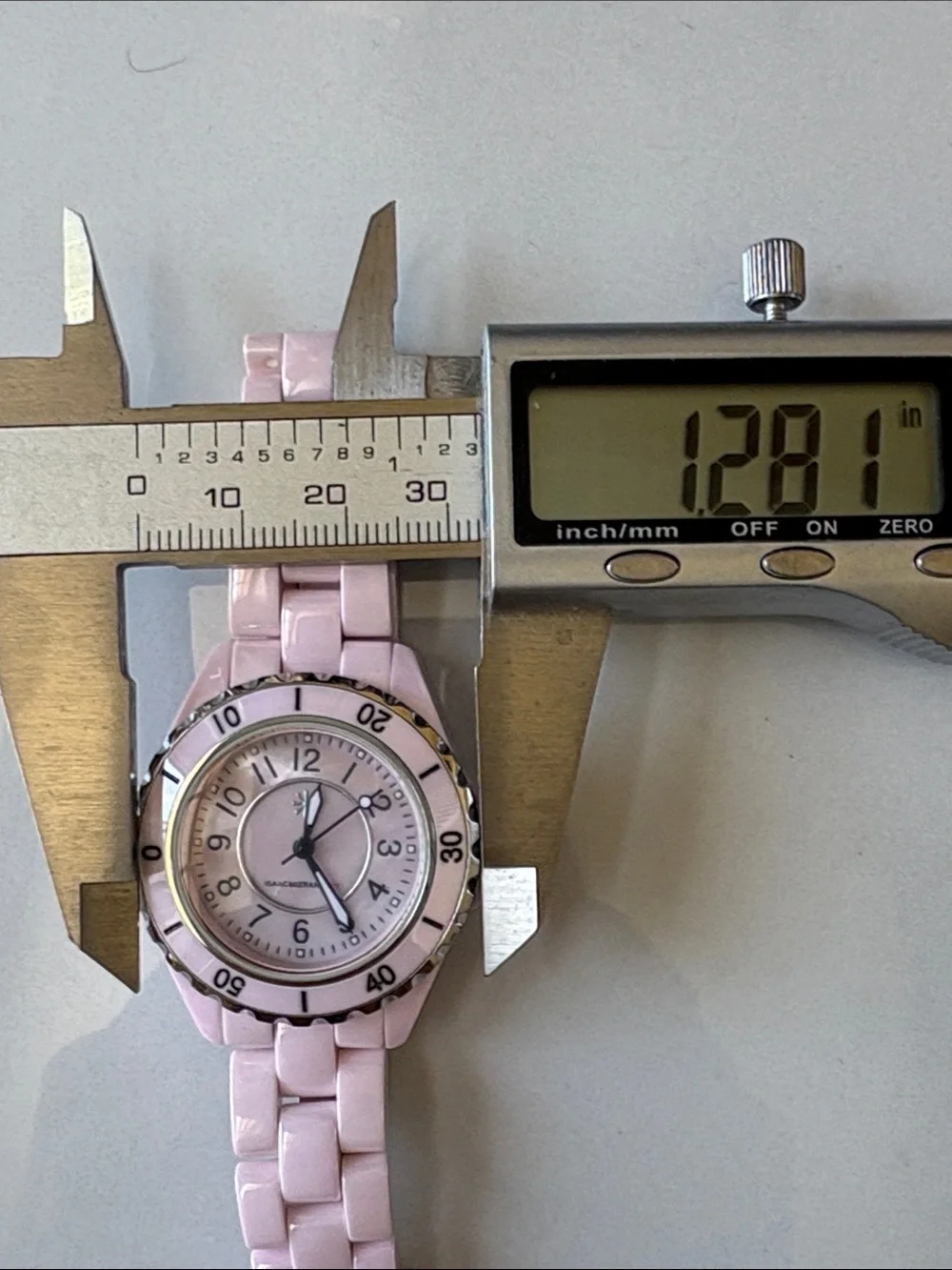 Isaac Mizrahi Pale Pink Ceramic Link Watch with Silver Accents